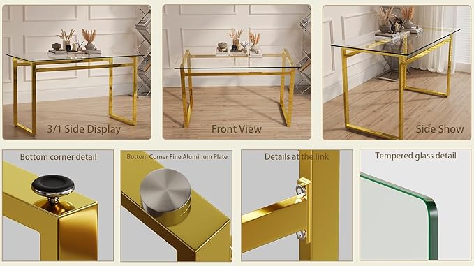 Modern Glass Dining Table for 4-6, 51" Rectangular Kitchen Dining Room Table with 0.31" Tempered Glass Tabletop and Gold Chrome Metal Legs, Writing Table Desk, for Kitchen Dining Living Room (Gold)