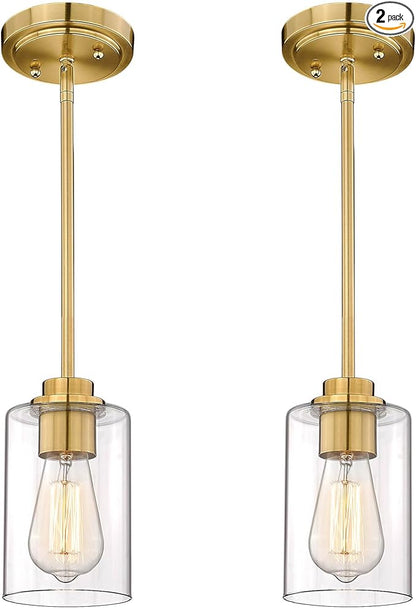 Brass Pendant Lights Kitchen Island 2 Pack, Farmhouse Gold Pendant Lighting with Clear Glass Shade, Mini Hanging Light Fixture for Kitchen Sink Dining, AD-22281-1P2-GD-C