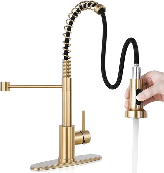Kitchen Faucet with Pull Down Sprayer 1 Handle Pull Out Spring Sink Faucets 1 Hole Or 3 Hole Stainless Steel (Brush Gold)