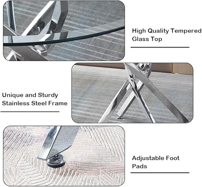 Modern Glass Dining Table Round Dining Room Table with Tempered Glass Top, Silver Stainless Steel Base Home Office Kitchen Dining Room Table Furniture, 36" D x 36" W x 30" H