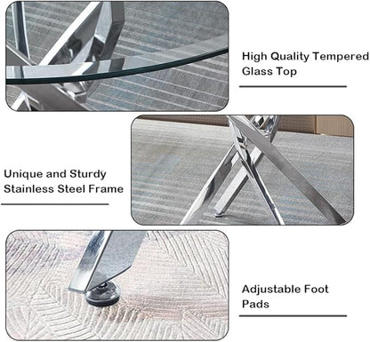 Modern Glass Dining Table Round Dining Room Table with Tempered Glass Top, Silver Stainless Steel Base Home Office Kitchen Dining Room Table Furniture, 36" D x 36" W x 30" H