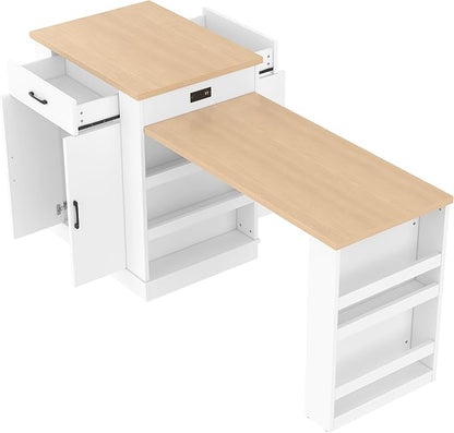 Kitchen Island Console with Storage, White and Natural Wood Top, Extendable Dining Table with Drawers and Shelves, 80.7 x 33.4 x 35.3 Inches (White)