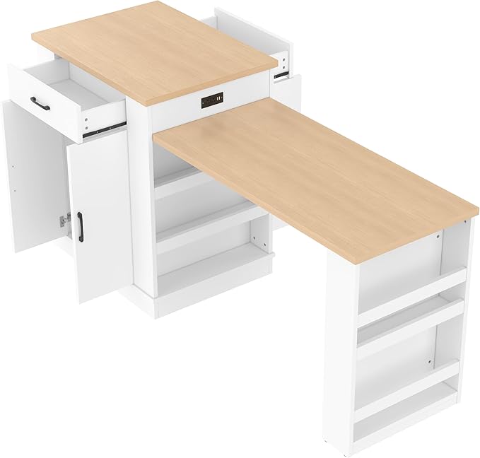 Kitchen Islands with Extendable Dining Table, Extendable Island Console with Drawers, Double-Door Cabinet and Open Shelving, Saving Space Island Table for Dining Room, White