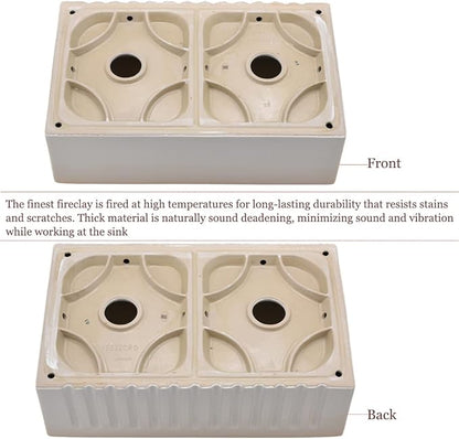 33 Inch Double Bowl White Farmhouse Sink Workstation-Bokaiya 33x20 Fireclay Apron Front White Porcelain Ceramic Reversible 50/50 Double Bowl Farm Sink with Accessories