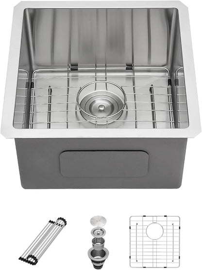 Sarlai 17 Undermount Bar Sink - 17x17 Undermount Kitchen Sink Single Bowl 16 Gauge Stainless Steel Wet Bar Prep Sinks Deep Small RV Kitchen Sinks