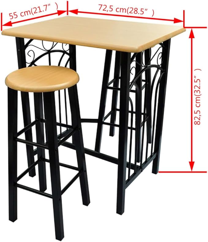 3-Piece Bar Table Set with Stools, Wood and Steel Bistro Set for Small Spaces, Black and Beige Kitchen Dining Room Furniture, 32.5" High Table & 27.6" Stools