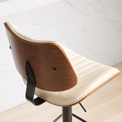 Walnut Bentwood Stools Mid Century Modern Adjustable Counter Height Beige Pu Leather Upholstered 360°Swivel Chairs for Kitchen Island Dining Room Cafe Durable
