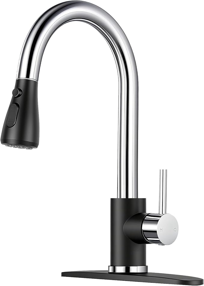 Kitchen Faucet with Pull Down Sprayer - Black & Chrome Single Handle Kitchen Faucets, High Arc Stainless Steel Pull Out Kitchen Sink Faucet with Deck for RV Laundry Farmhouse Bar