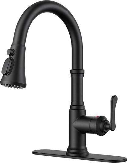 FORIOUS Antique Black Kitchen Faucets with Pull Down Sprayer, 3 in 1 Stainless Steel High Arc Single Handle Sink Faucet for Farmhouse Camper Rv Bar, Fit for 1 or 3 Hole