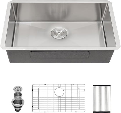 33 Inch Undermount Kitchen Sink 16 Gauge Stainless Steel Single Bowl Undermount Sinks Handmade Large Deep Round Corner Under Mount Sinks Basin, 33"x19"x9"