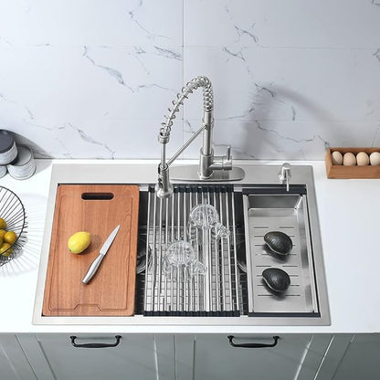 33 Inch Double Bowl Drop In Kitchen Sink Workstation-Bokaiya 33x22 Double Bowl Kitchen Sink Drop In Stainless Steel 16 Gauge Deep 60/40 Low Divide Sinks with Cutting Board