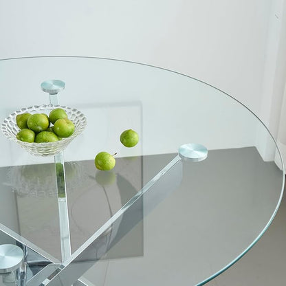 SSLine 47.2" Round Glass Dining Table for 4-6 Modern Circle Glass Tabletop Kitchen Table for 6 Luxury Dining Room Tables with Silver Nest-Shape Metal Base for Home Kitchen Dining Room