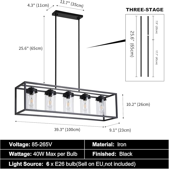 Black Farmhouse Dining Room Chandelier, Rectangular Clear Glass Pendant Light, Modern Industrial Hanging Light Fixture for Kitchen Island