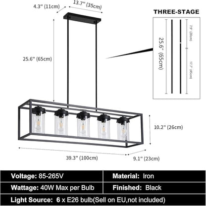 Black Farmhouse Dining Room Chandelier, Rectangular Clear Glass Pendant Light, Modern Industrial Hanging Light Fixture for Kitchen Island