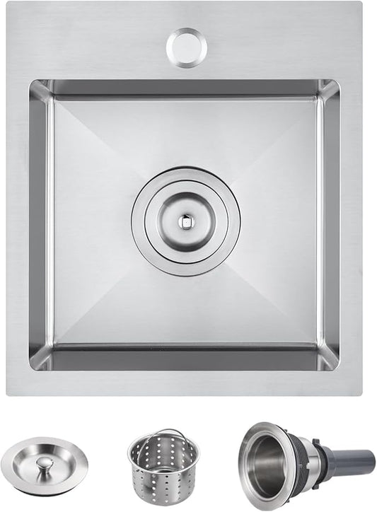 POPFLY 13 x 15 Inch Drop In Kitchen Sink, 18 Gauge SUS304 Stainless Steel Bar Sink 6 Inches Deep Basin Top Mount Single Bowl Handmade Sink