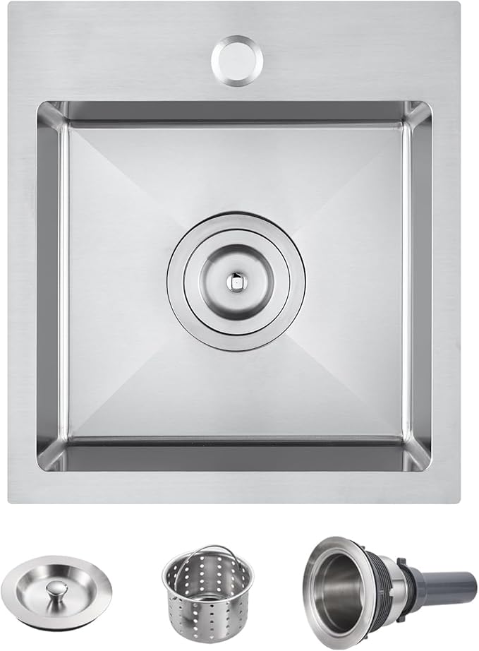 POPFLY 15×17 Inch Drop In Sink, SUS304 Stainless Steel Topmount Sinks Handmade Single Bowl 18 Gauge Kitchen Small Bar Sink 6 Inches Deep, Brushed Nickel