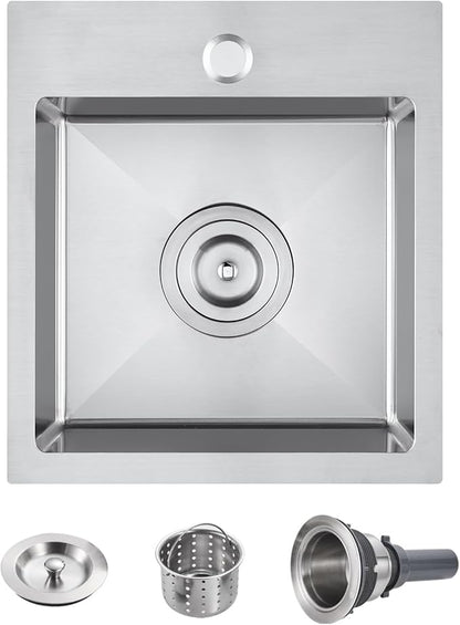 POPFLY 15×17 Inch Drop In Sink, SUS304 Stainless Steel Topmount Sinks Handmade Single Bowl 18 Gauge Kitchen Small Bar Sink 6 Inches Deep, Brushed Nickel