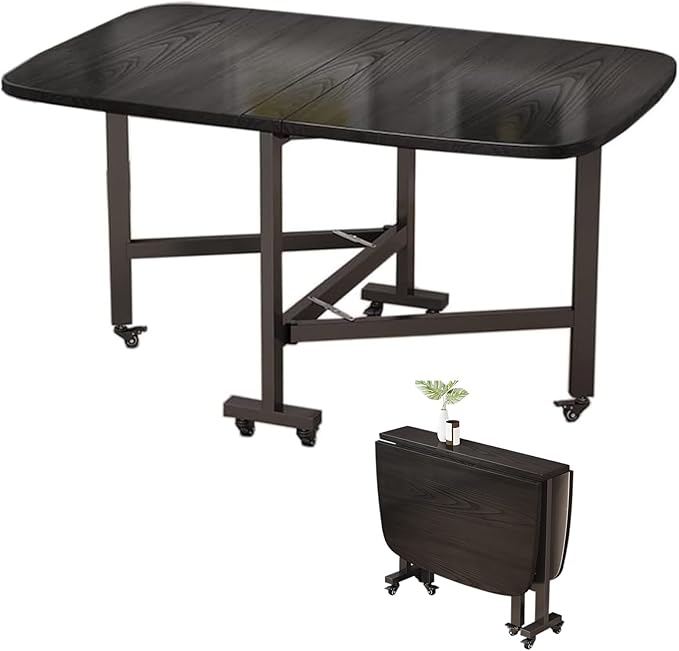 Folding Dining Room Table for 4/8 with 47.2in Extra Wide Space Saving Drop Leaf Table with Lockable Wheels, Heavy Duty Eco Solid Wood Top 220lb, Solid Wooden Foldable Kitchen Table, Easy Assembly(Blac