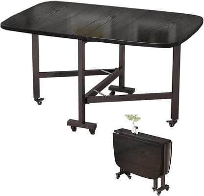Folding Dining Room Table for 4/8 with 47.2in Extra Wide Space Saving Drop Leaf Table with Lockable Wheels, Heavy Duty Eco Solid Wood Top 220lb, Solid Wooden Foldable Kitchen Table, Easy Assembly(Blac