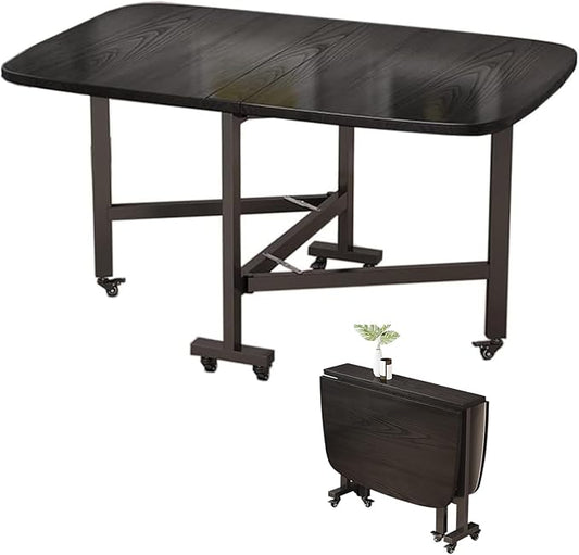 Folding Dining Room Table for 4/8 with 47.2in Extra Wide Space Saving Drop Leaf Table with Lockable Wheels, Heavy Duty Eco Solid Wood Top 220lb, Solid Wooden Foldable Kitchen Table, Easy Assembly(Blac