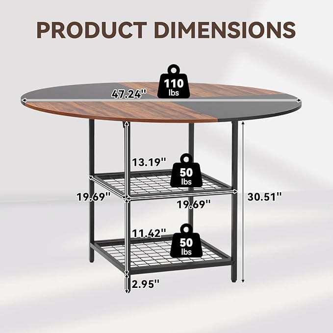EROMMY Round Dining Table for 4, Wood Kitchen Table with Storage Shelves, Farmhouse Dinner Table for Home Dining Room Kitchen Living Room, Black Rustic Brown(Only Table)