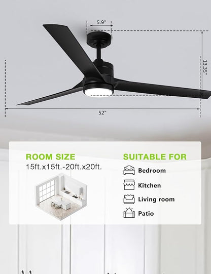 Ceiling Fans with Lights and Remote, 60 Inch Black Low Profile Ceiling Fan with Light, Modern Outdoor Ceiling Fan for Bedroom Living Room Patio, Fandelier Chandelier Style, Quiet DC Motor, 3CCT LED
