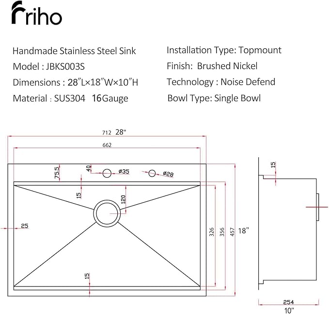 Friho 28 Inch Drop in Kitchen Sink, 28x18 Topmount Commercial Handmade 16 Gauge Single Bowl Stainless Steel Sink with Basket Strainer