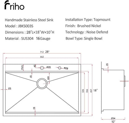 Friho 28 Inch Drop in Kitchen Sink, 28x18 Topmount Commercial Handmade 16 Gauge Single Bowl Stainless Steel Sink with Basket Strainer