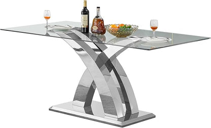 Luxury Silver Glass Dining Table for 6-8 Modern 70" Rectangular Kitchen Table with Stainless Steel Base Large Clear Glass Top Dining Room Tables for Home Office
