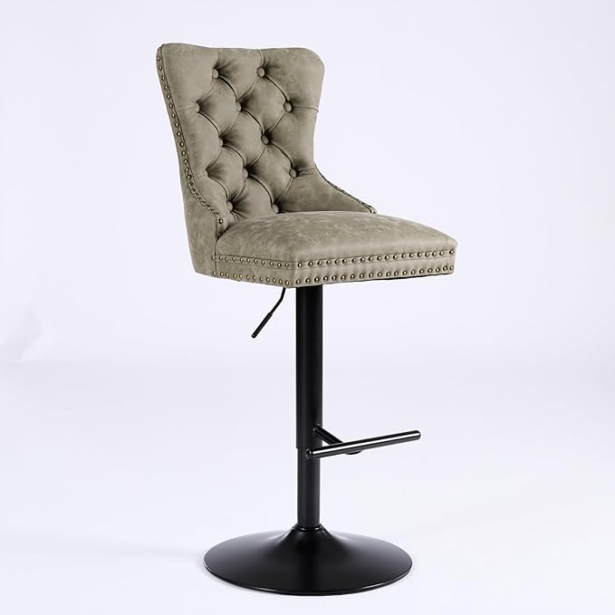 Aged and Retro PU Swivel Bar stools Adjusatble Seat Height from 26 33 Inch, Bar Stools with Backs Comfortable Tufted for Home Pub and Kitchen Island (Olive Green,Set of 2)
