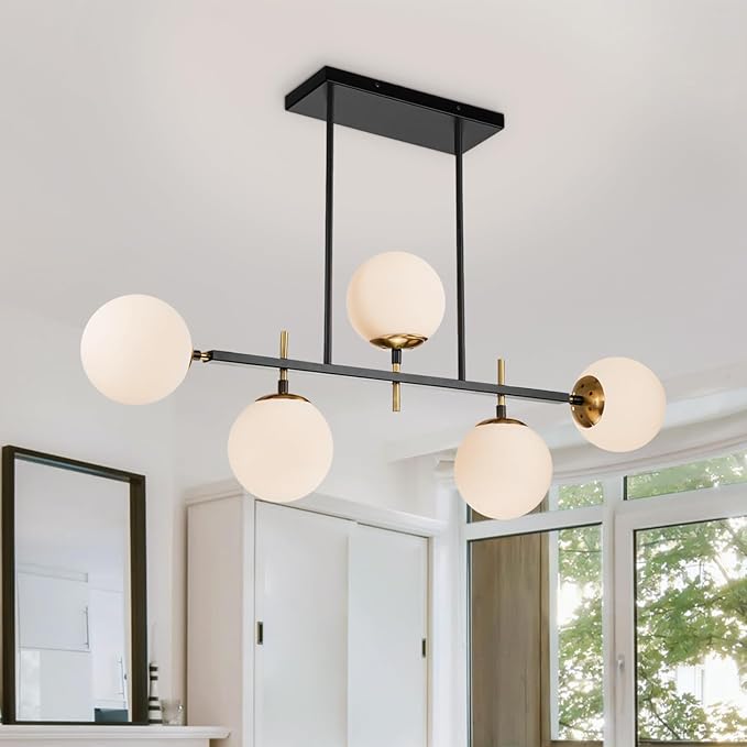 EDISLIVE Modern Milk Globe Chandelier 5-Light Glass Globe Pendant Light Fixture 39.4in E26 Linear Hanging Lighting for Kitchen Island Dinning Room Living Room Black