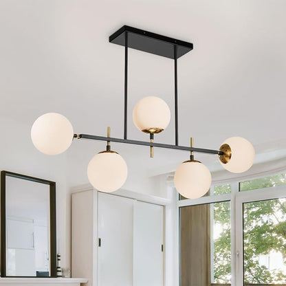 EDISLIVE Modern Milk Globe Chandelier 5-Light Glass Globe Pendant Light Fixture 39.4in E26 Linear Hanging Lighting for Kitchen Island Dinning Room Living Room Black