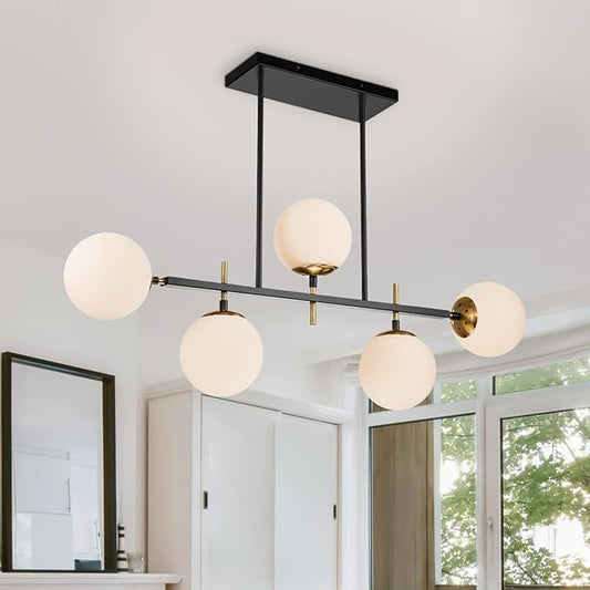 EDISLIVE Modern Milk Globe Chandelier 5-Light Glass Globe Pendant Light Fixture 39.4in E26 Linear Hanging Lighting for Kitchen Island Dinning Room Living Room Black