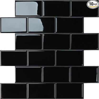 STICKGOO Peel and Stick Backsplash Subway Tiles, 10 Sheets of 12" x 12" - 3D Adhesive Peel and Stick Tile Backsplash for Kitchen, Bathroom, Wall Tile (Thicker Design, Black with Grey Grout)