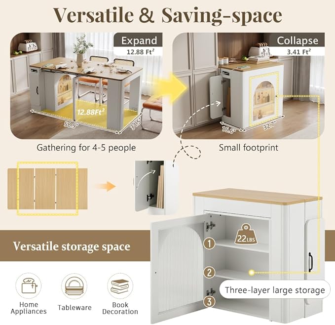 Extendable Dining Table with 3 Removable Middle Leaves, Mobile Rolling Island Table with Power Outlet, Saving-Space Cabinet with Storage for Dining Room and Living Room (Cream White and Natural)