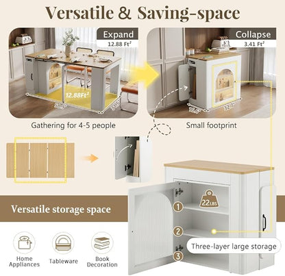 Extendable Dining Table with 3 Removable Middle Leaves, Mobile Rolling Island Table with Power Outlet, Saving-Space Cabinet with Storage for Dining Room and Living Room (Cream White and Natural)