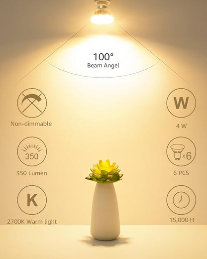 Lepro Non-Dimmable GU10 LED Light Bulbs, 2700K Soft Warm Light GU10 Bulb Replacement for Recessed Track Lighting, 4W LED Bulbs with 100°Flood Beam for Kitchen, Range Hood, Living Room, Bedroom, 3 Pack