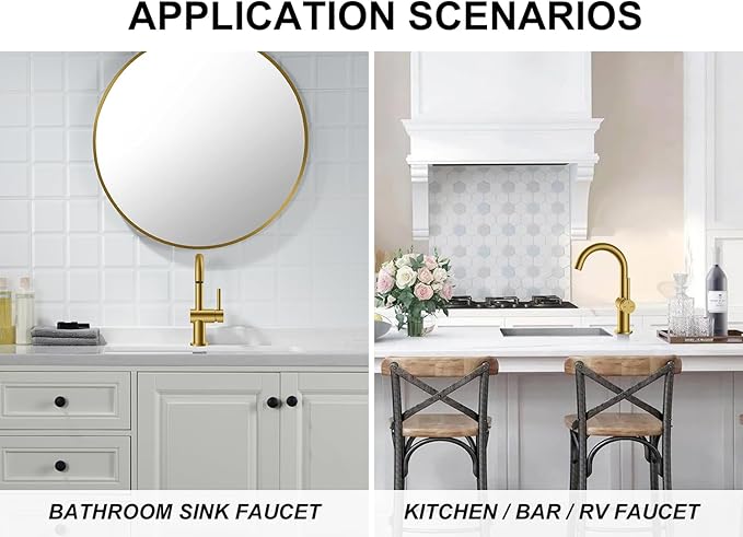 KENES Brushed Gold Single Handle Bathroom Faucets Modern Prep Wet Bar Sink Faucets Bathroom Sink Faucet with Drain Assembly & Deck Plate, Farmhouse RV Camper Outdoor Utility Faucet, KE-9005B-4