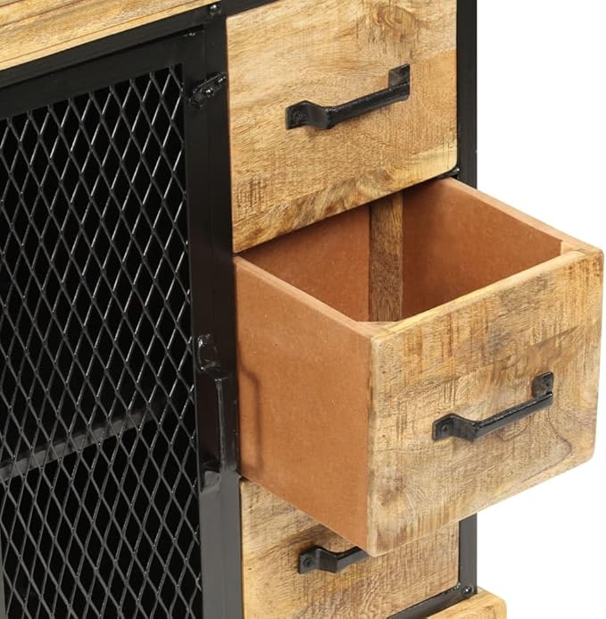 Solid Mango Wood Sideboard Cabinet, Brown and Black Industrial Finish, 23.6" Living Room Buffet with Storage, Polished Lacquered Surface Kitchen Furniture