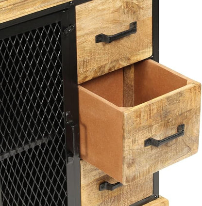 Solid Mango Wood Sideboard Cabinet, Brown and Black Industrial Finish, 23.6" Living Room Buffet with Storage, Polished Lacquered Surface Kitchen Furniture
