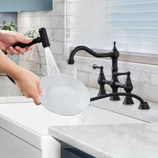 WOWOW Black Kitchen Faucet with Side Sprayer, 4 Hole Brass Kitchen Faucets for Sink, 2 Handle 8 Inch Centerset Bridge Faucet Vintage Farmhouse Copper Kitchen Sink Faucets