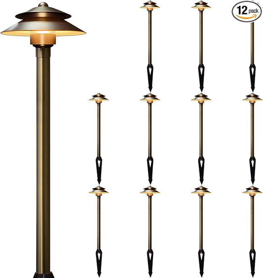Gardencoin Solid Brass Low Voltage Landscape Pathway Lights (6'' Shade, 19'' Tall), 12V LED Heavy Duty Path Lighting Outdoor Wired, Waterproof Antique Bronze Walkway Light Without G4 Bulb,12 Pack