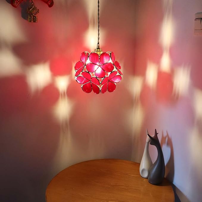 Bieye L10876 Petals Tiffany Style Stained Glass Ceiling Pendant Light with 8-inch Wide Lampshade (Deep Red, 8" Cherry Blossom)
