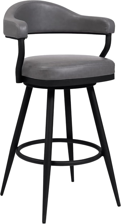 Armen Living Justin Modern Farmhouse 26" Seat Height Swivel Vintage Gray Faux Leather Bar Stool with Black Metal Legs for Kitchen Island Counter