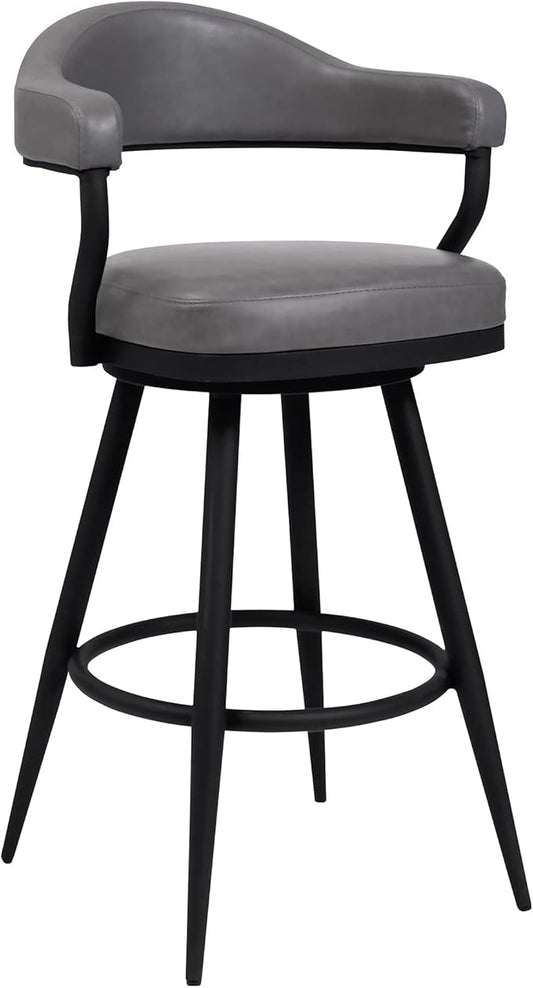 Armen Living Justin Modern Farmhouse 26" Seat Height Swivel Vintage Gray Faux Leather Bar Stool with Black Metal Legs for Kitchen Island Counter
