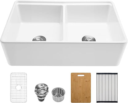 VEVOR 33x20 inch Farmhouse Sink, White Sink Workstation, Fireclay Undermount Basins, Apron Front Double Bowl Basin with Multiple Accessories, Large Capacity Household Dishwasher Sinks for Kitchen