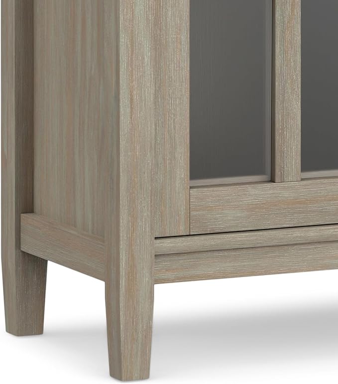SIMPLIHOME Warm Shaker Storage Cabinet - 32 inch Wide Solid Wood 2-Shelf Low Storage Cabinet in Distressed Grey, Transitional Accent Cabinet for Entryway with Tempered Glass Doors and Shelves
