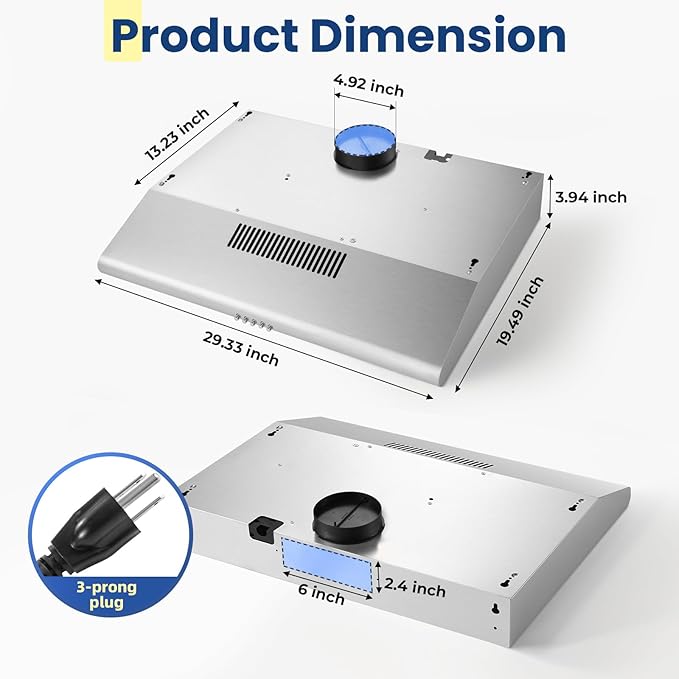 Under Cabinet Range Hood 30 inch, Stainless Steel Kitchen Hood with 280 CFM, Button Controls, Stove hood with Carbon Filter, Ducted/Ductless Convertible, 2 Pcs Aluminum Filters