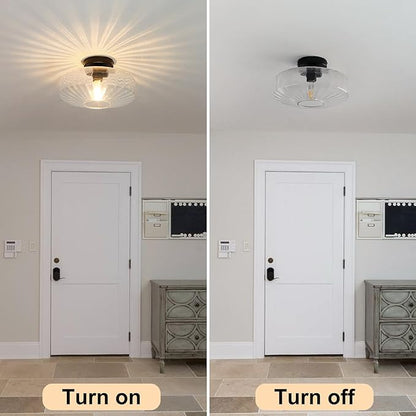 Semi Flush Mount Ceiling Light, 11.8" Vintage Clear Glass Ceiling Lights, 1-Light Mid Century Modern Drum Close to Ceiling Light Fixtures for Bedroom Kitchen Entryway Hallway Porch Foyer