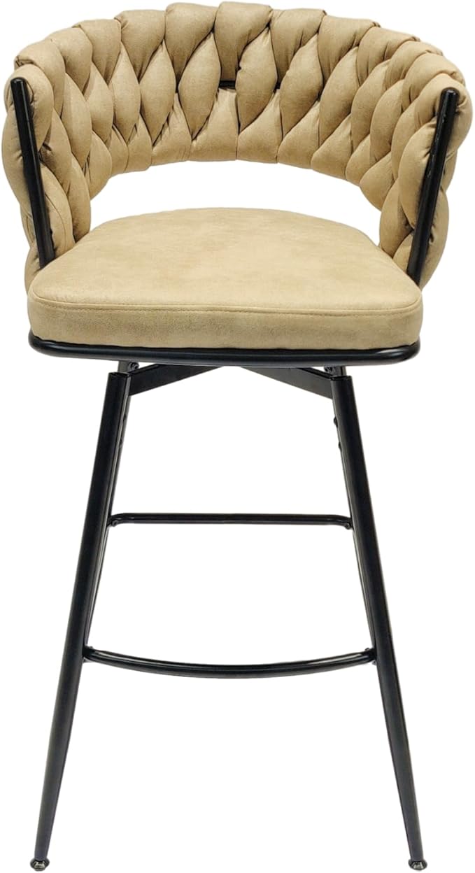28" Technical Leather Woven Bar Stool Set of 2,Black Legs Bar stools No Adjustable Kitchen Island Chairs,360 Swivel Bar Stools Upholstered Counter Stool Arm Chairs with Back Footrest (Light Brown)